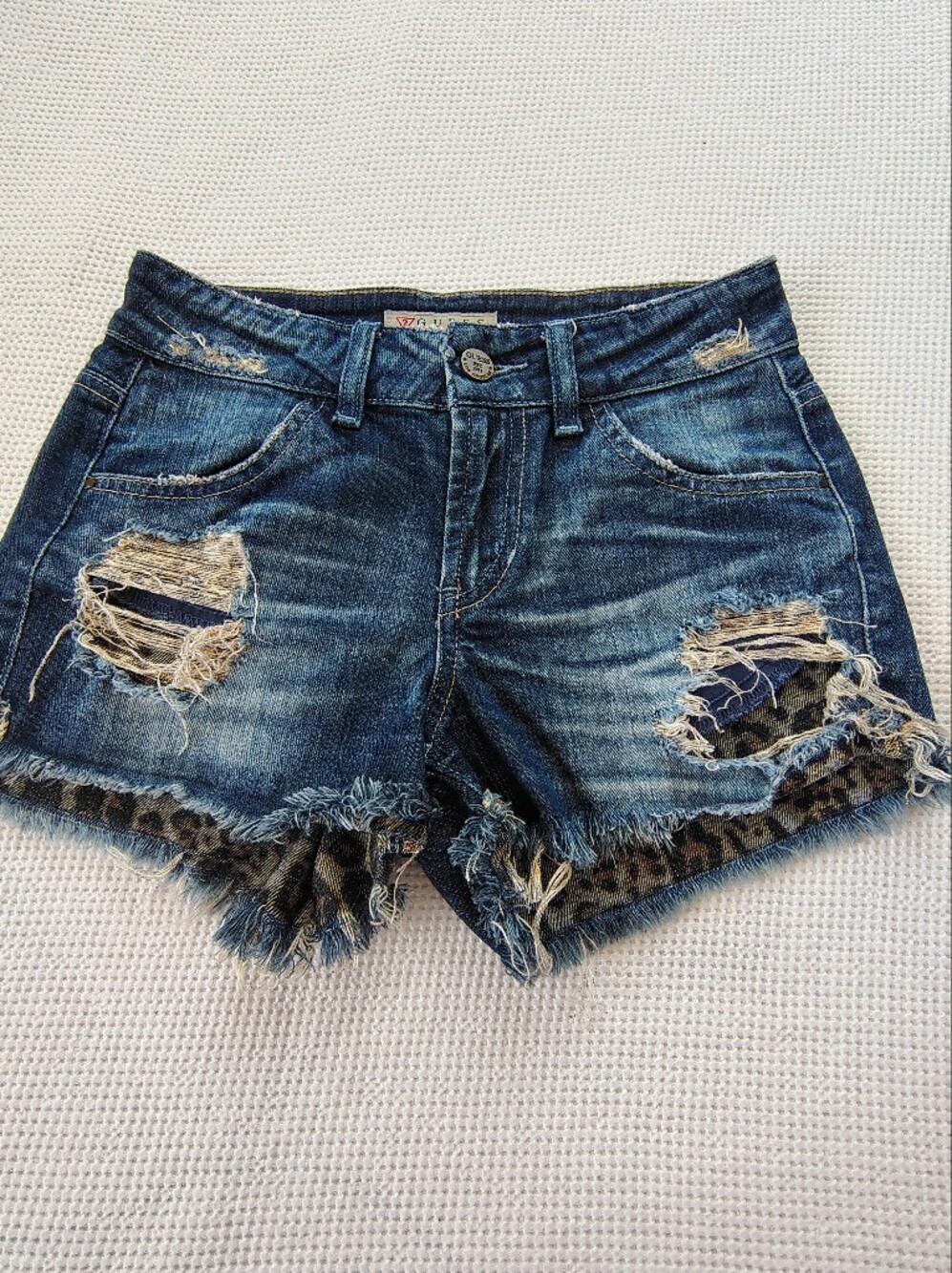 Guess Blue Distressed Denim Shorts with Leopard Accents
